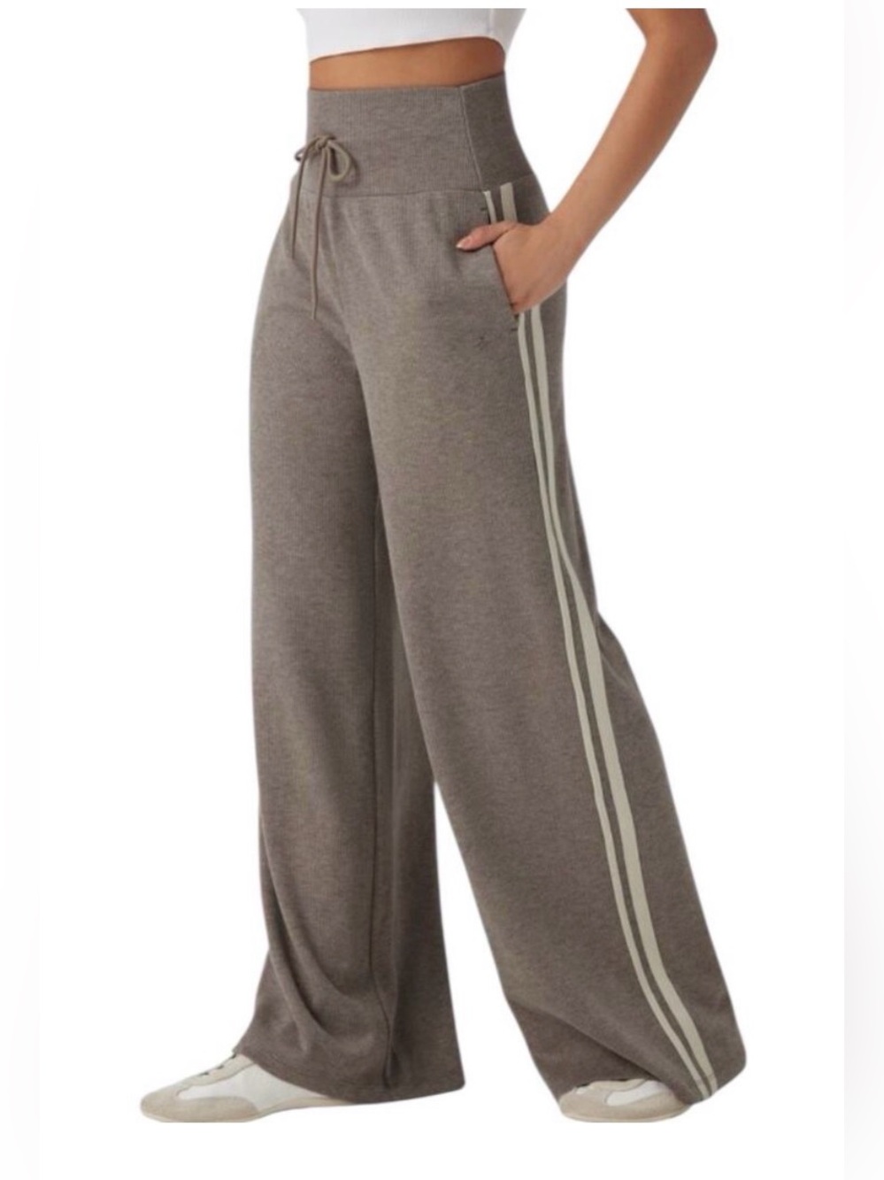 HALARA High-Waist Ribbed Wide Leg Tummy Control Sweatpants  with Side Stripes
